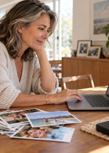 A woman organizes digital photographs at a laptop beside printed photographs and an external drive.
