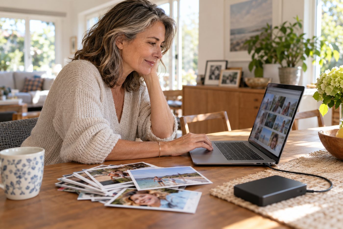 A woman organizes digital photographs at a laptop beside printed photographs and an external drive.