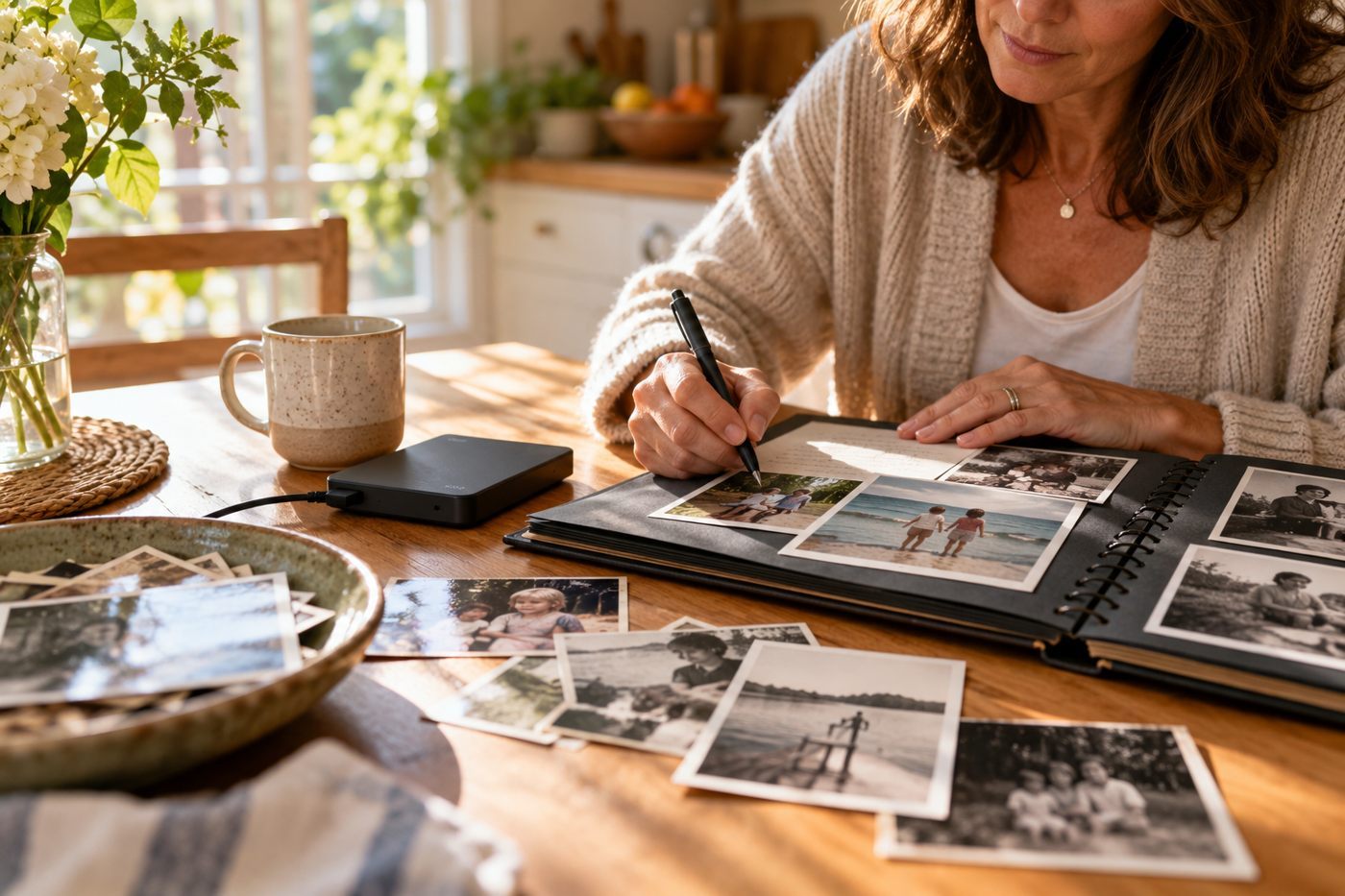 A woman labels a printed photograph beside a photo album and an external drive.