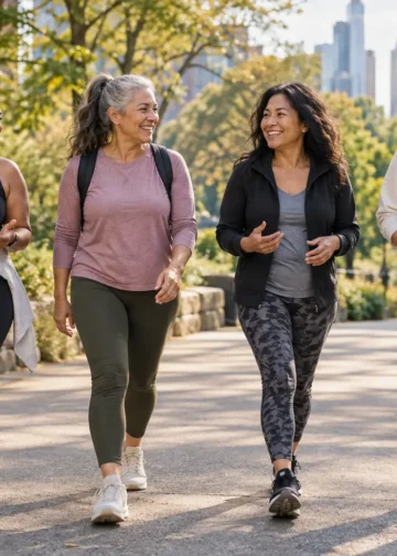 Diverse group of women over 40 walking together on a leafy park path