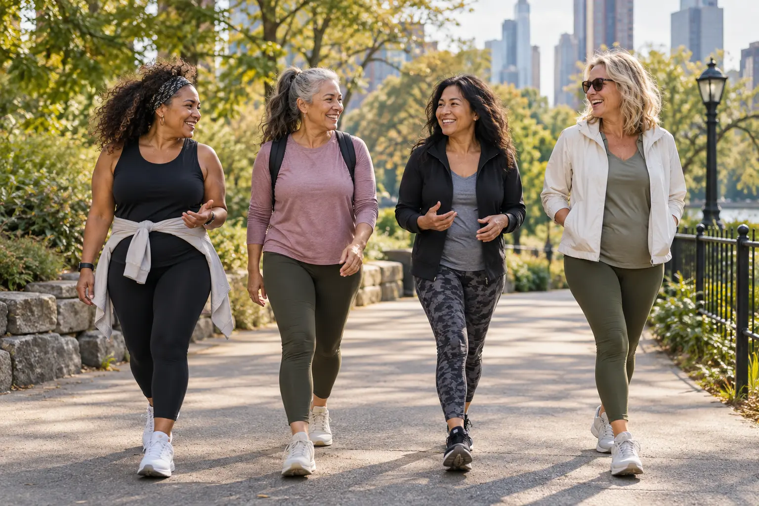 Diverse group of women over 40 walking together on a leafy park path
