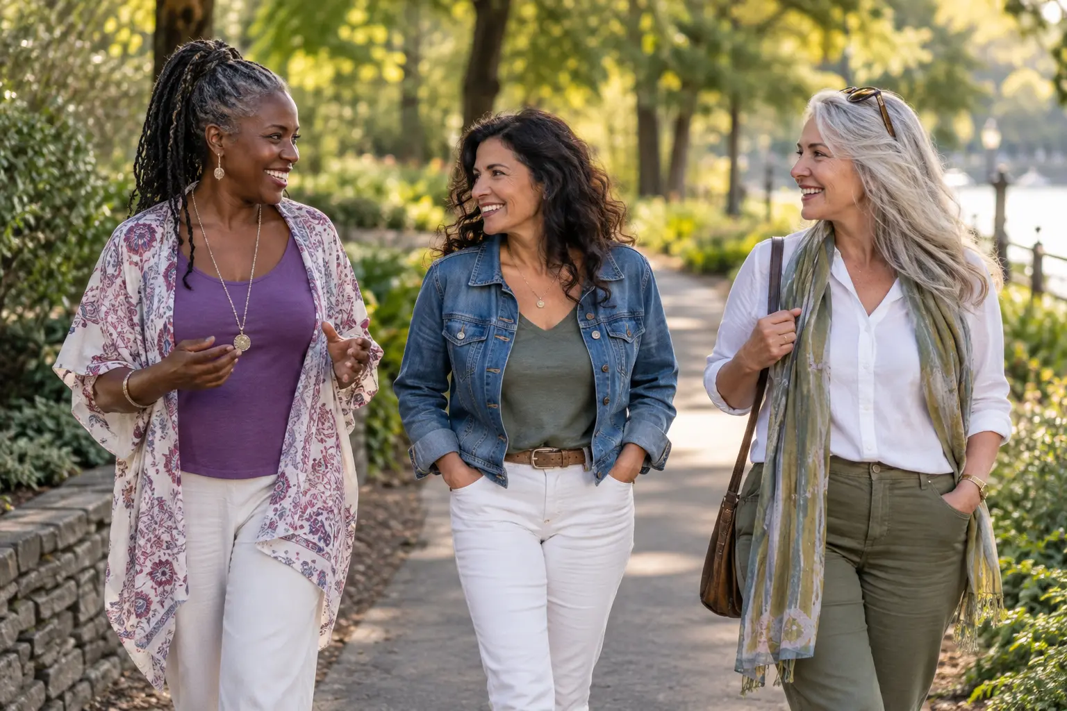Diverse group of women over 40 walking together on a leafy park path