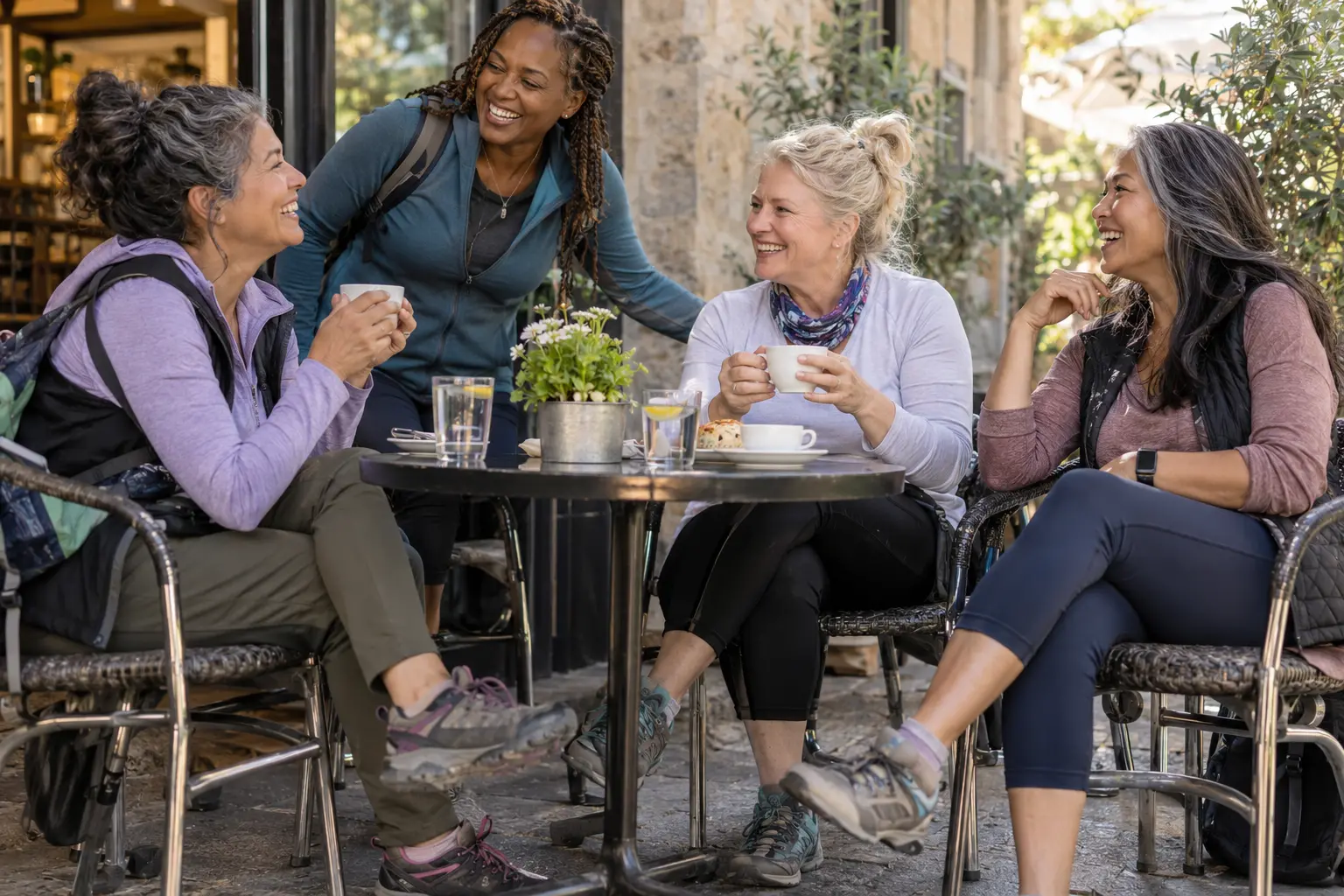 Women over 40 sharing coffee outdoors after a group walk