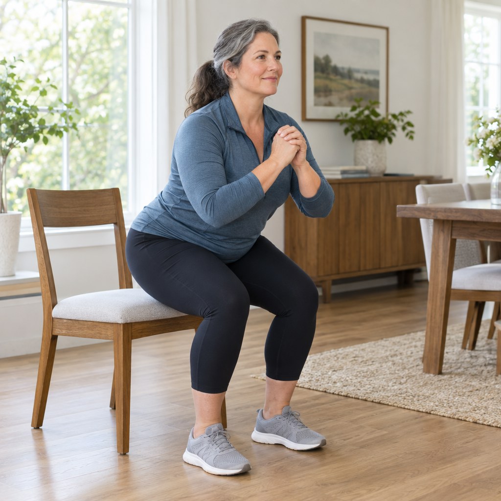 Chair squat movement break at home Woman in her 50s performing controlled chair squats in a bright living room
