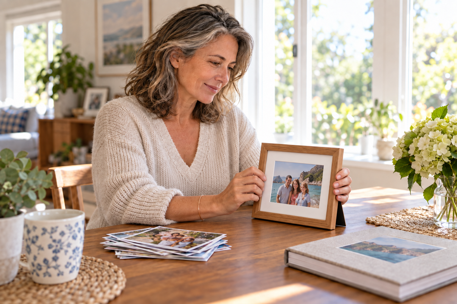 A woman holds a framed family photograph beside printed photos and an album.