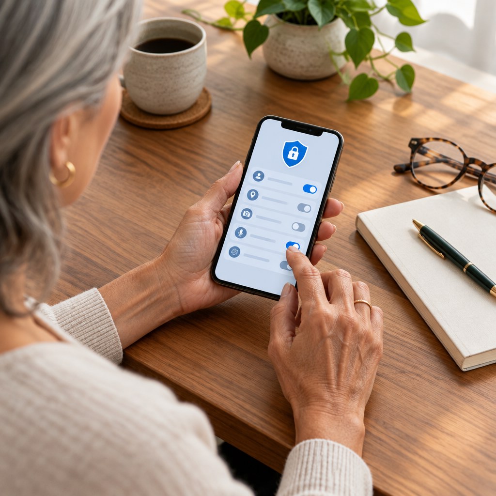 Woman checking smartphone privacy permissions beside a notebook and reading glasses