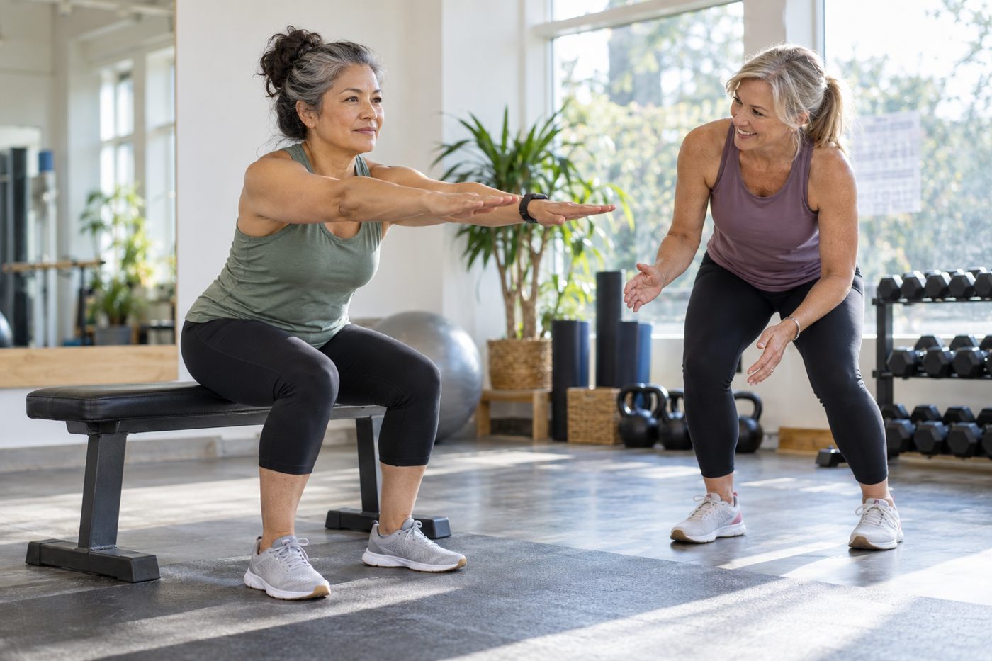Woman rising from a weight bench with arms extended while another woman observes.