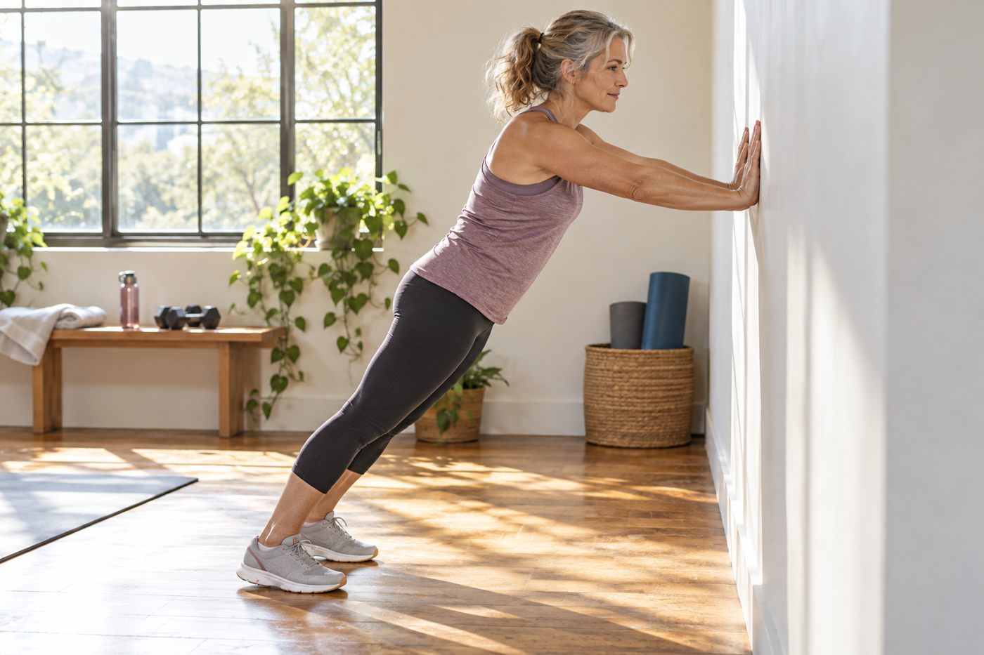 Woman leaning toward a wall with hands planted, demonstrating an incline push-away.