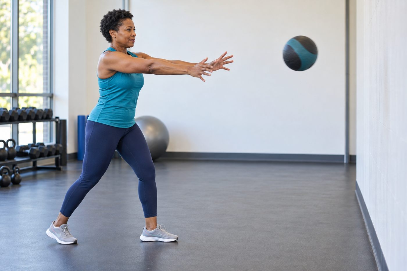 Woman extending her arms after throwing a medicine ball toward a wall.