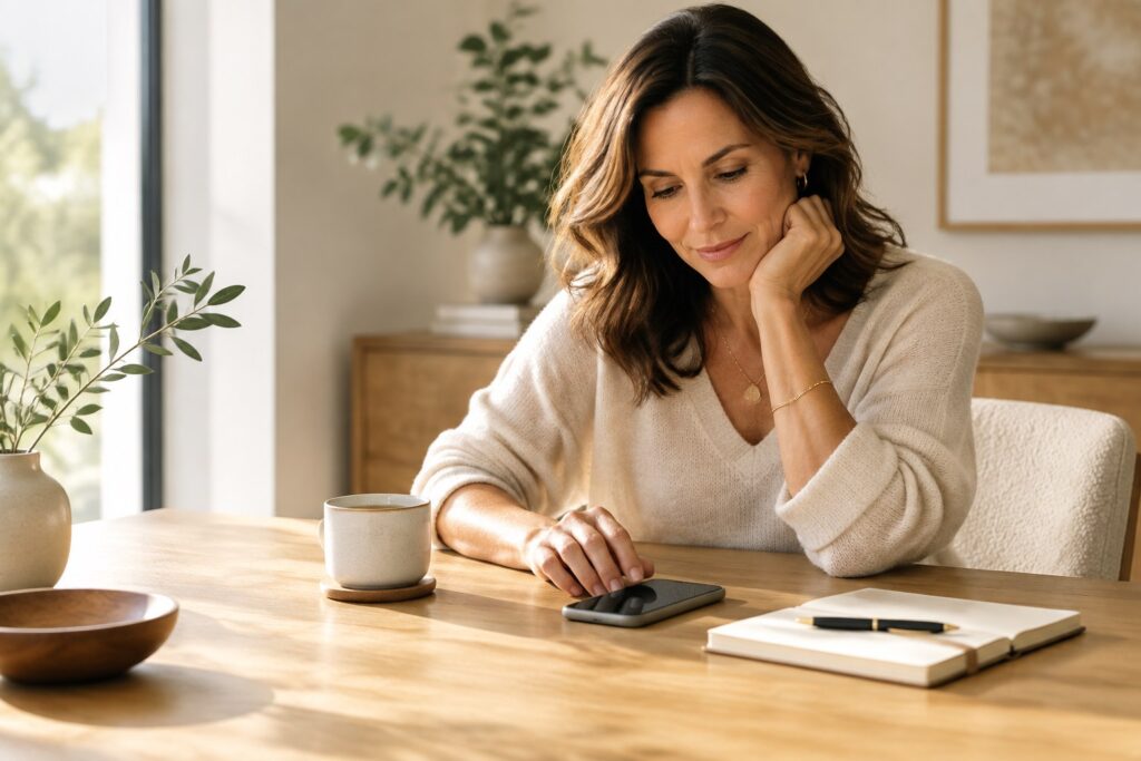 Woman over 40 organizing her smartphone at a calm sunlit table