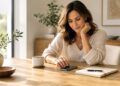 Woman over 40 organizing her smartphone at a calm sunlit table