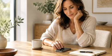Woman over 40 organizing her smartphone at a calm sunlit table