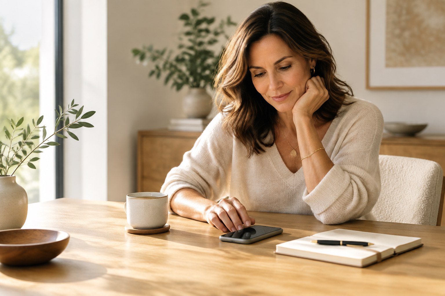 Woman over 40 organizing her smartphone at a calm sunlit table