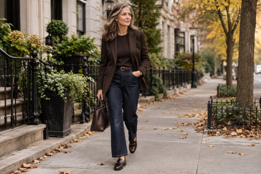 Stylish woman over 40 wearing versatile layered fall clothing