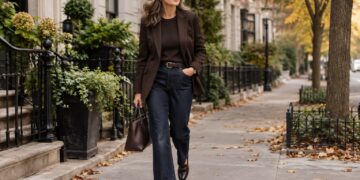 Stylish woman over 40 wearing versatile layered fall clothing
