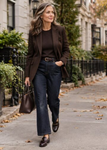 Stylish woman over 40 wearing versatile layered fall clothing