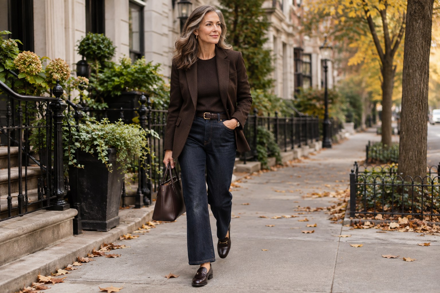 Stylish woman over 40 wearing versatile layered fall clothing