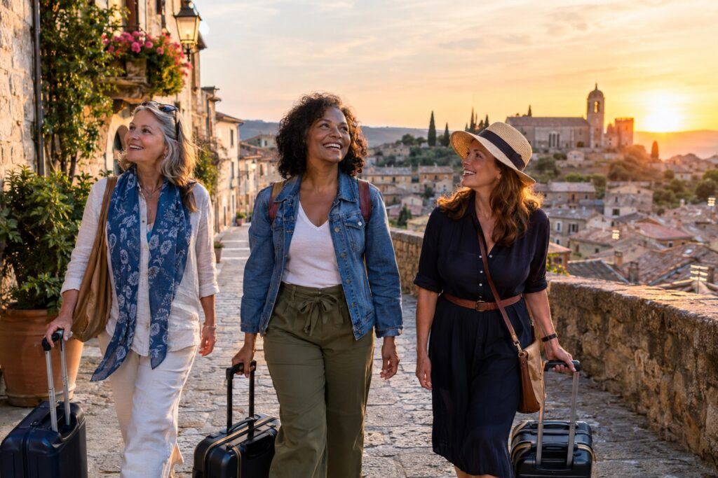 Three women over 40 beginning a meaningful trip together