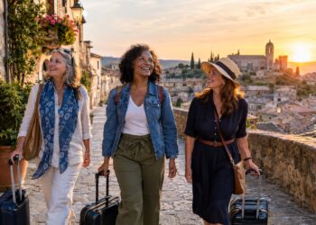 Three women over 40 beginning a meaningful trip together