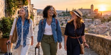 Three women over 40 beginning a meaningful trip together