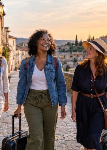 Three women over 40 beginning a meaningful trip together