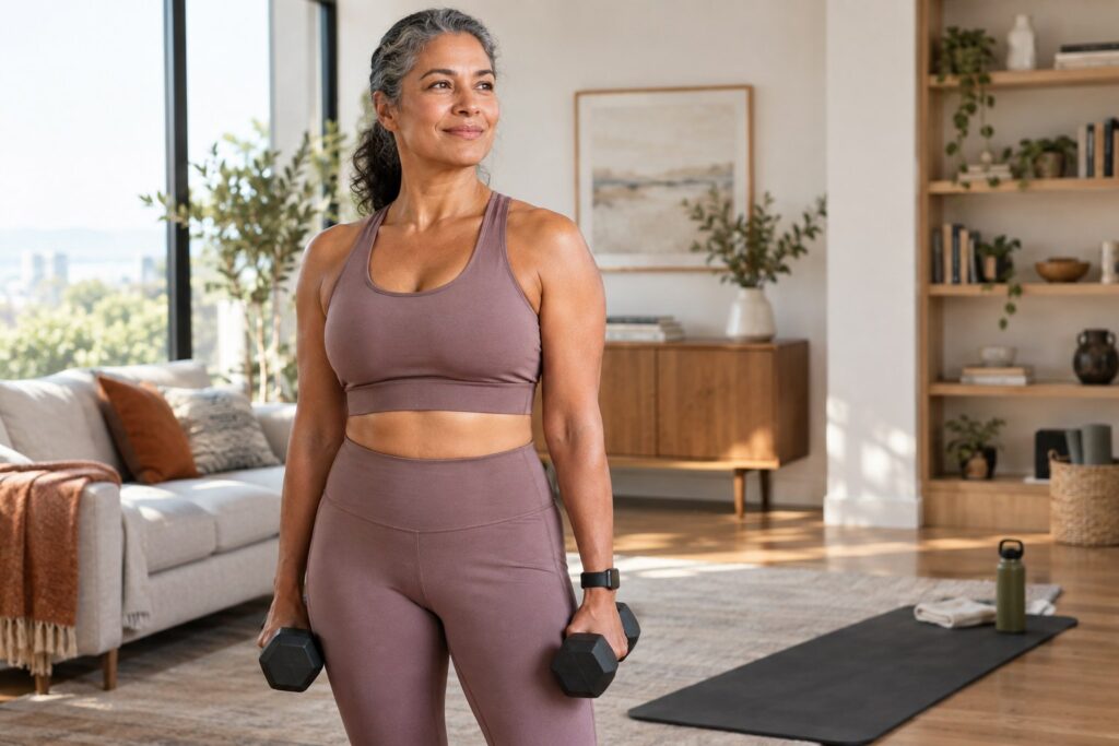 Confident woman over 40 strength training with dumbbells in a bright studio