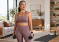 Confident woman over 40 strength training with dumbbells in a bright studio