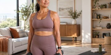 Confident woman over 40 strength training with dumbbells in a bright studio