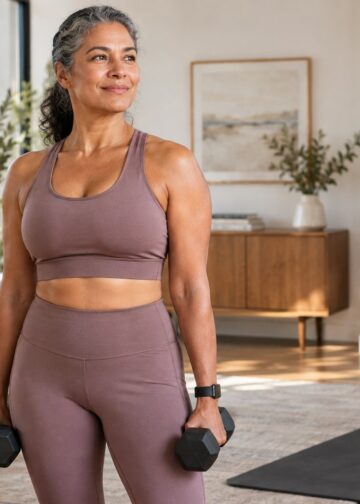 Confident woman over 40 strength training with dumbbells in a bright studio