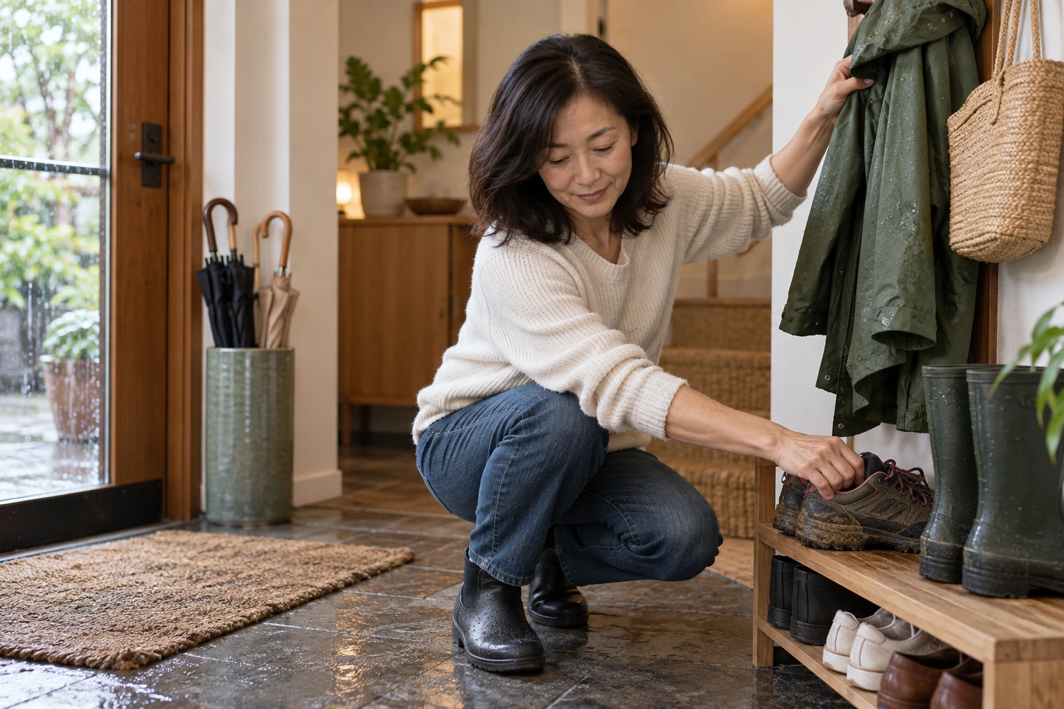 Woman placing boots on a rack beneath raincoats.