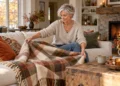 Woman unfolding a blanket on a sofa.