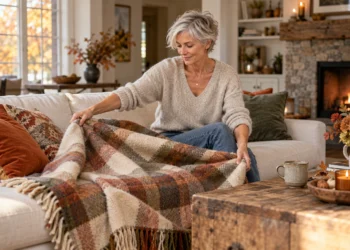 Woman unfolding a blanket on a sofa.