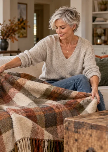 Woman unfolding a blanket on a sofa.