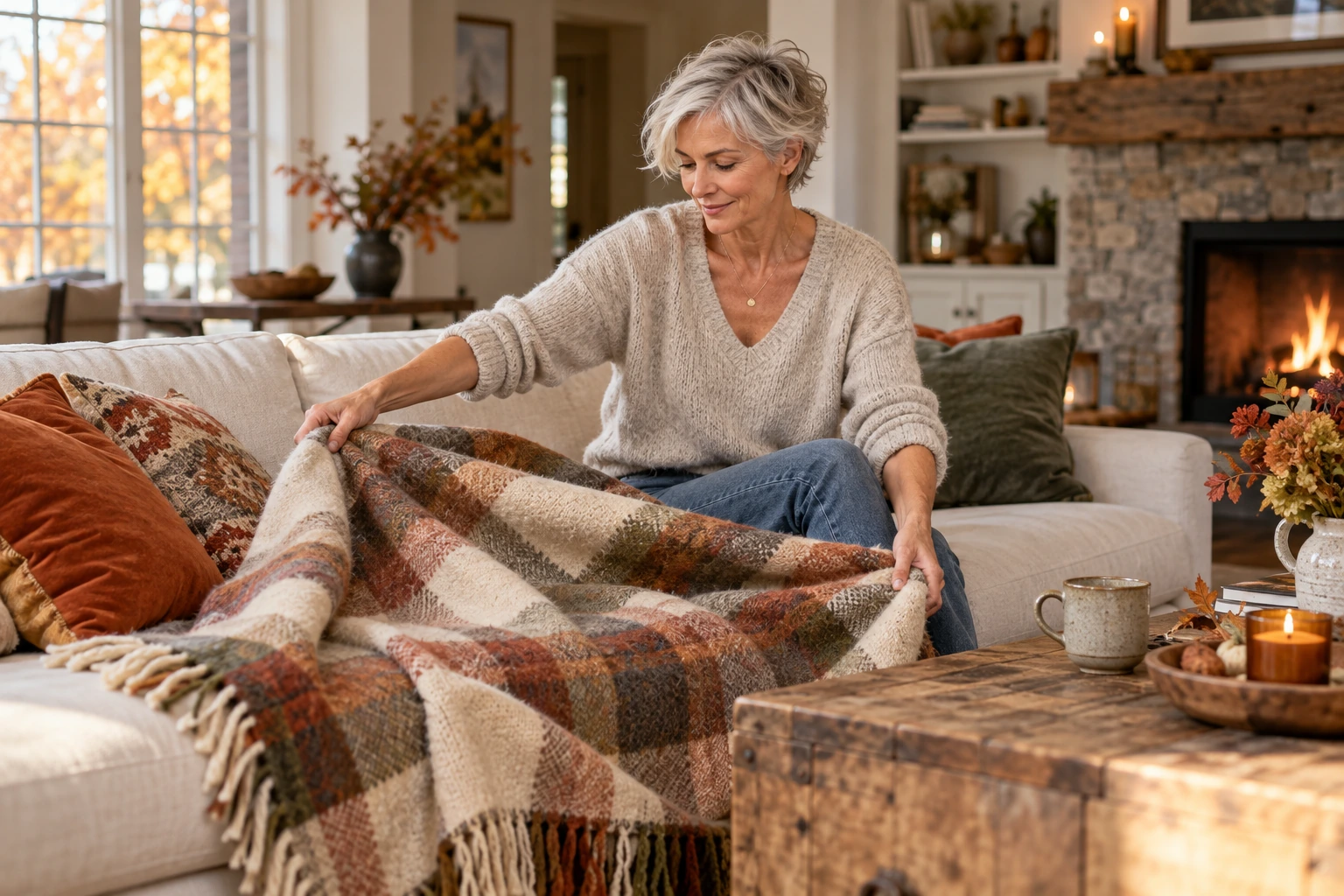 Woman unfolding a blanket on a sofa.