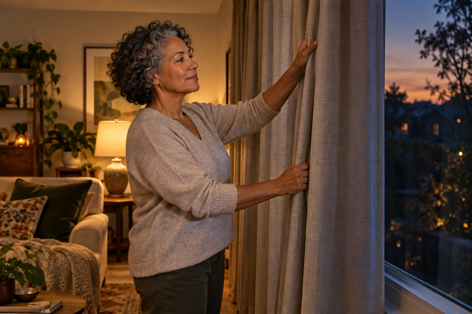 Woman drawing curtains beside a table lamp at dusk.
