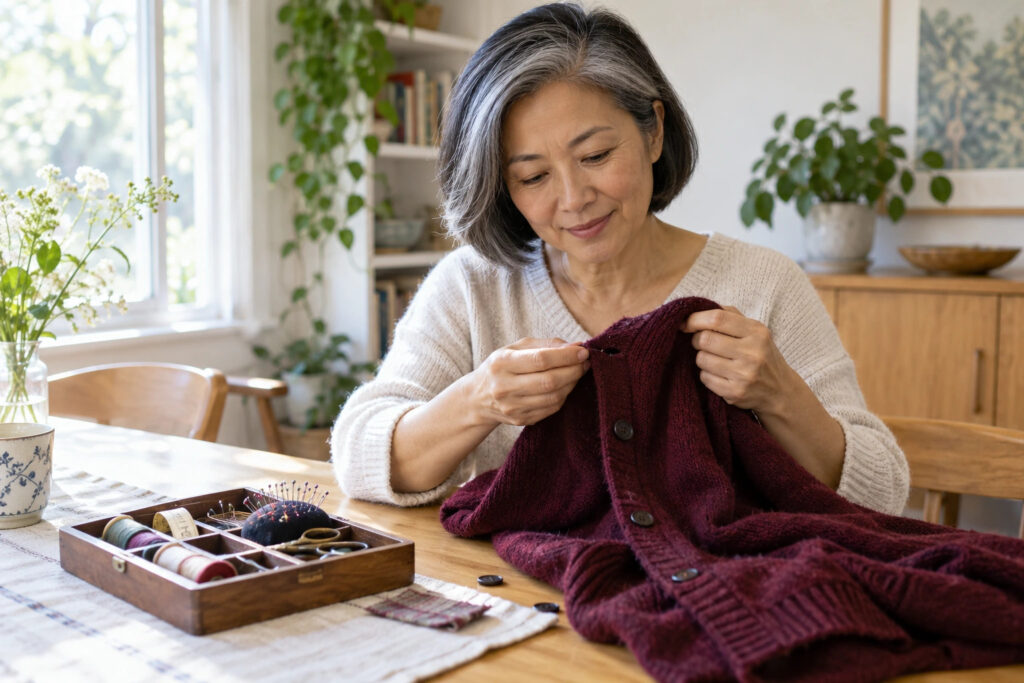 Midlife woman inspecting a burgundy cardigan beside a small sewing kit