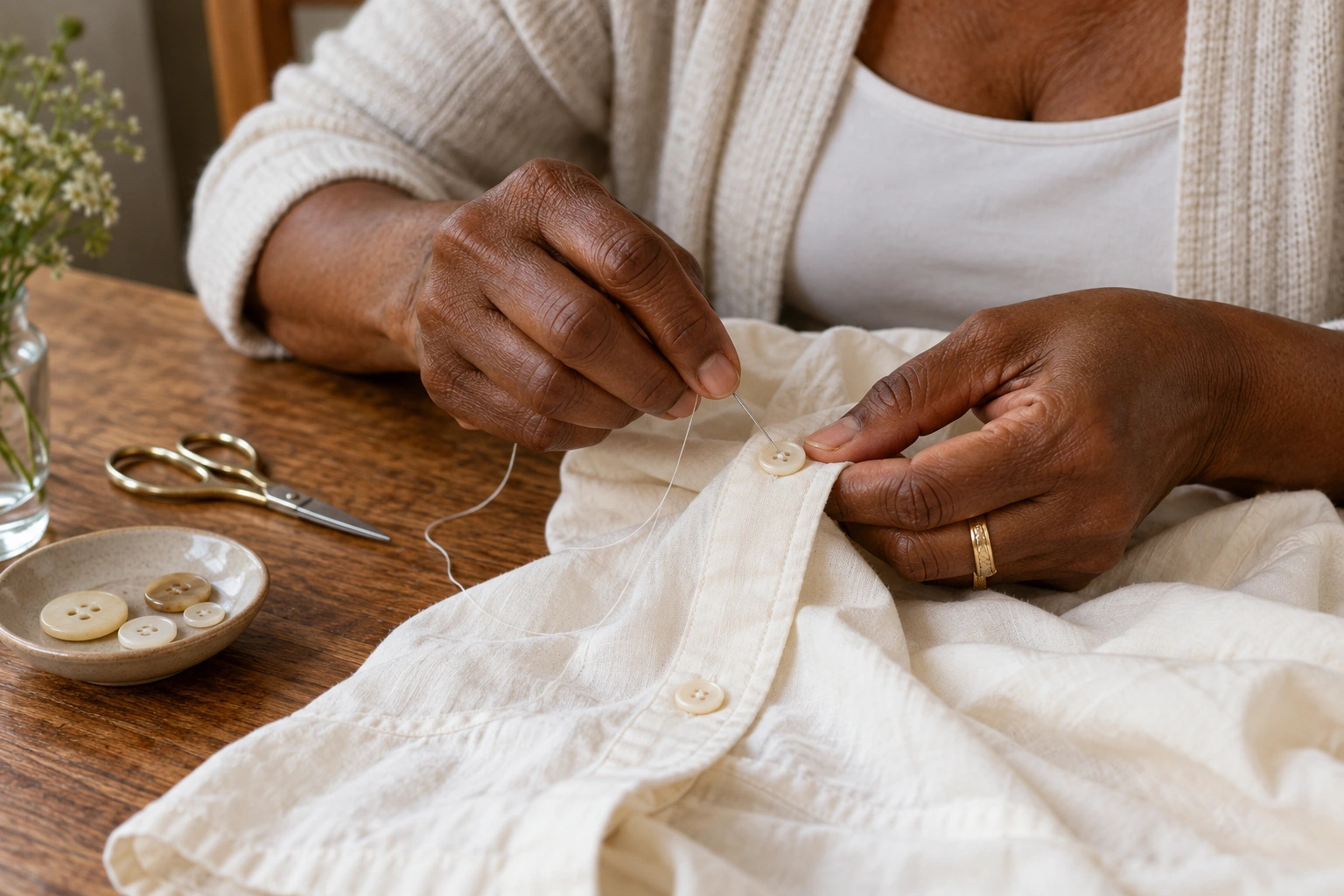Hands sewing a loose button onto a cream cotton shirt at a wooden table