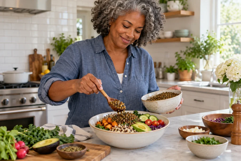 Woman adding lentils to a bowl of vegetables and grains.