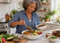 Woman adding lentils to a bowl of vegetables and grains.