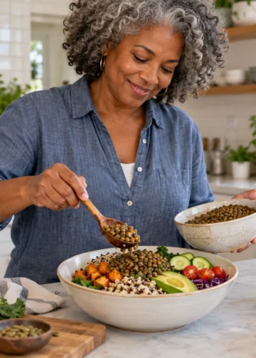 Woman adding lentils to a bowl of vegetables and grains.