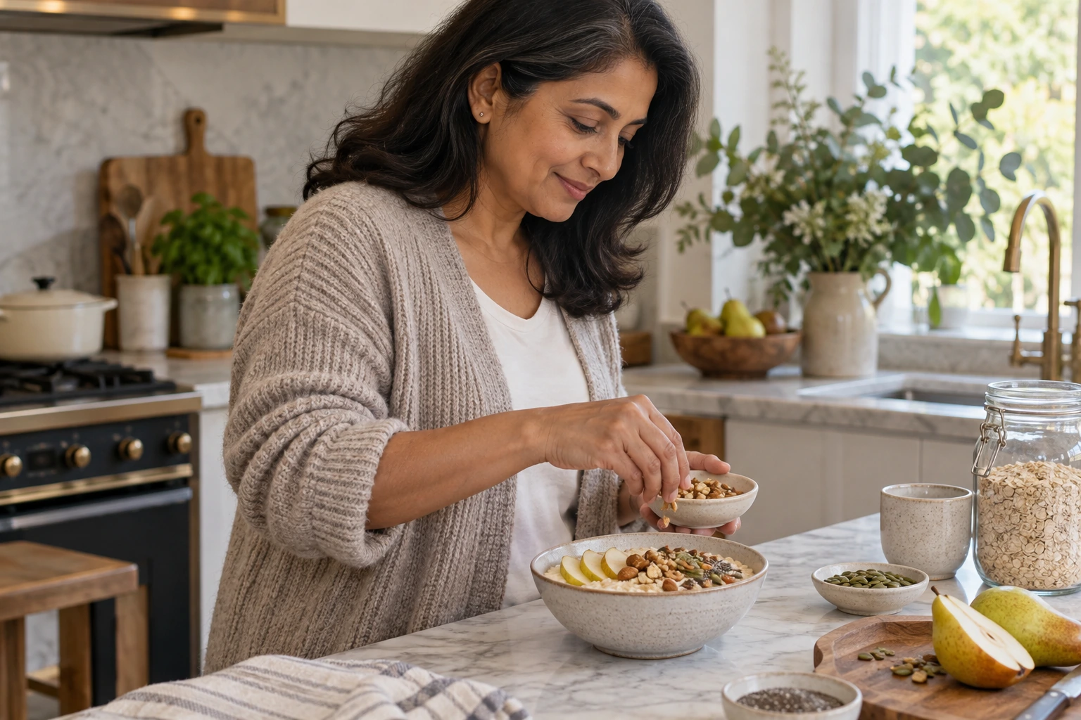 Woman preparing oats with sliced pear and nuts.