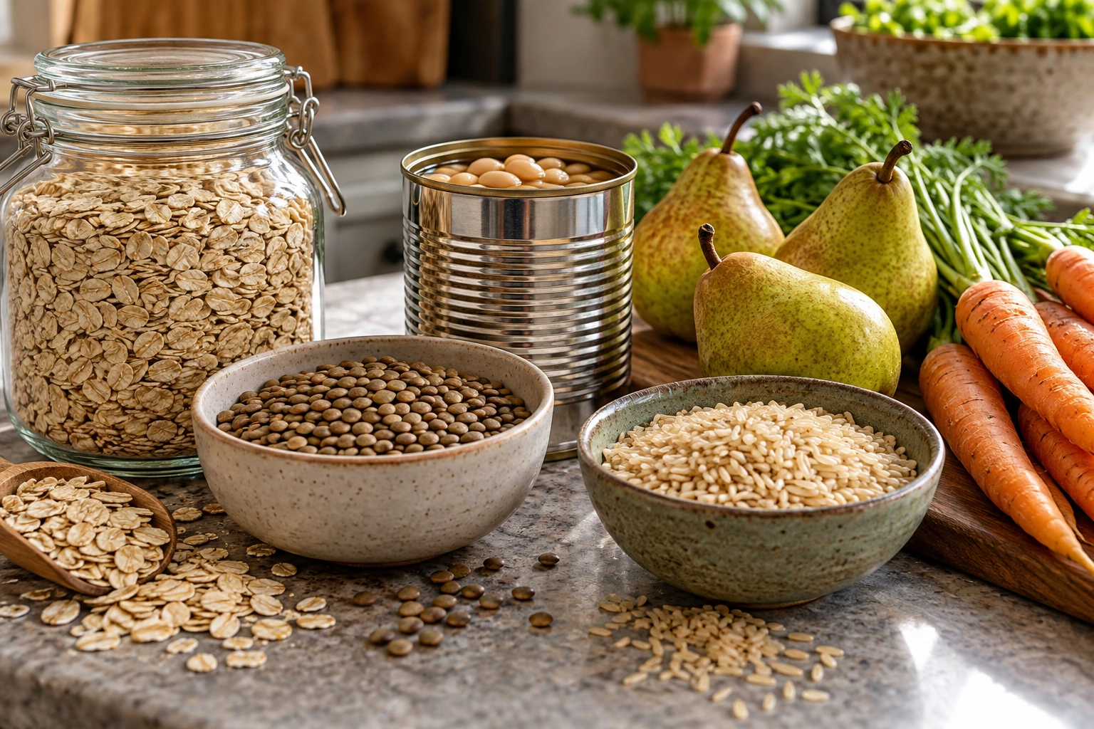 Oats, lentils, beans, rice, pears and carrots on a kitchen counter.