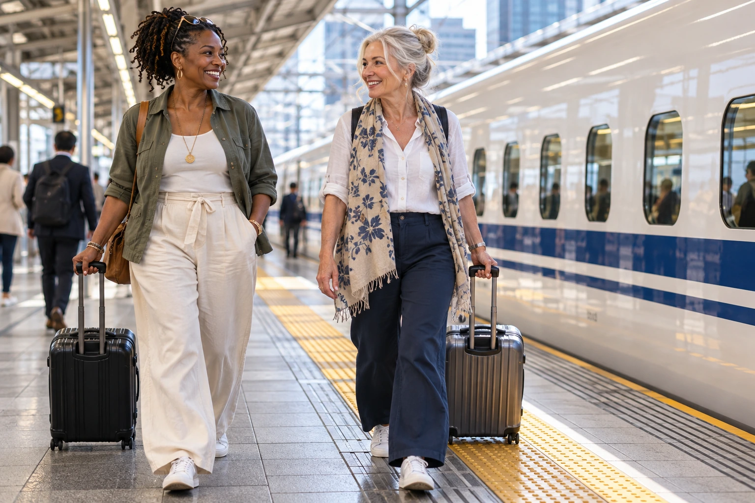 Two women pulling small suitcases along a Japanese-style railway platform.