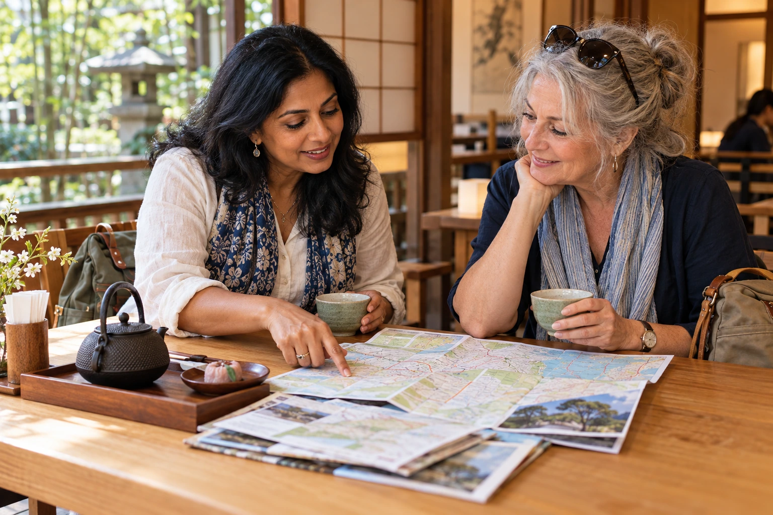 Two women discussing a paper itinerary over tea.