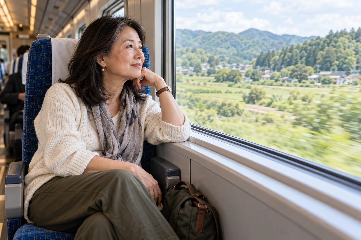 Woman looking at countryside through a passenger train window.