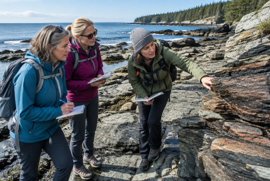 Women exploring coastal rock formations with a geology guide.