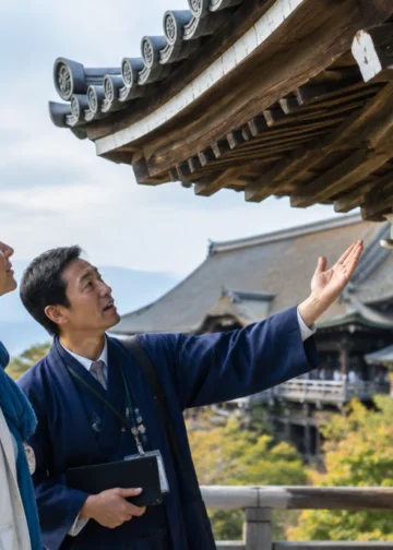 Woman learning about Kyoto temple architecture with a local guide.