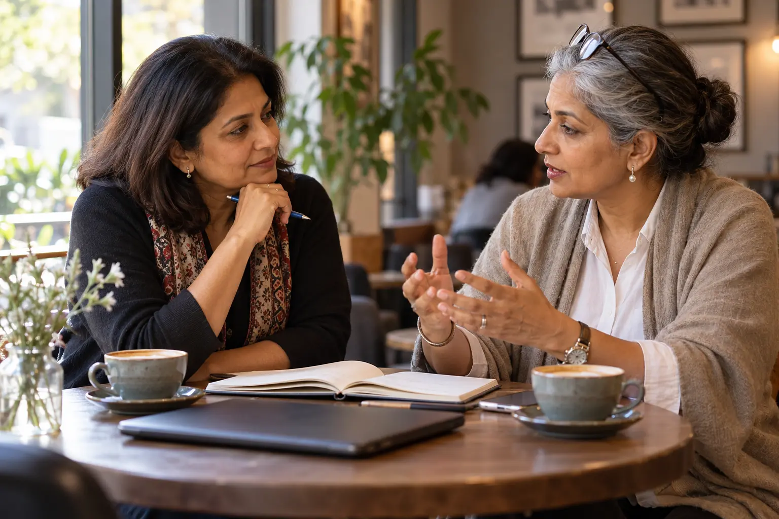 Two women over 40 discussing career priorities over coffee with a notebook open