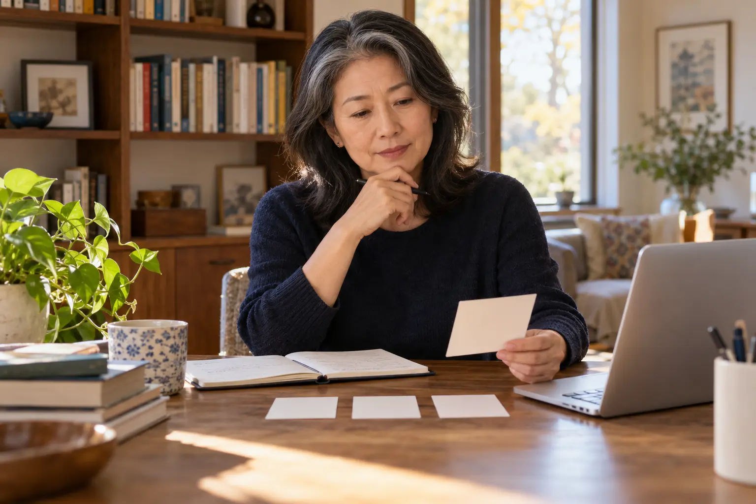 East Asian woman in her late 50s comparing career trade-offs at a home desk