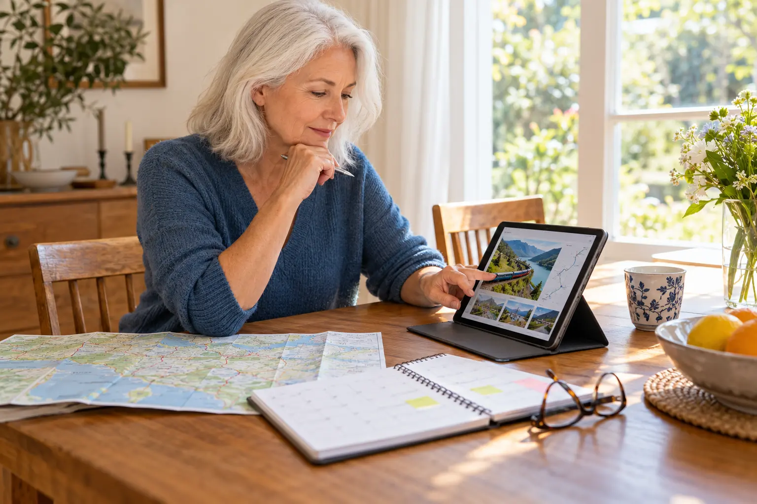 Woman in her early 60s comparing a map, calendar and tablet while planning a train trip